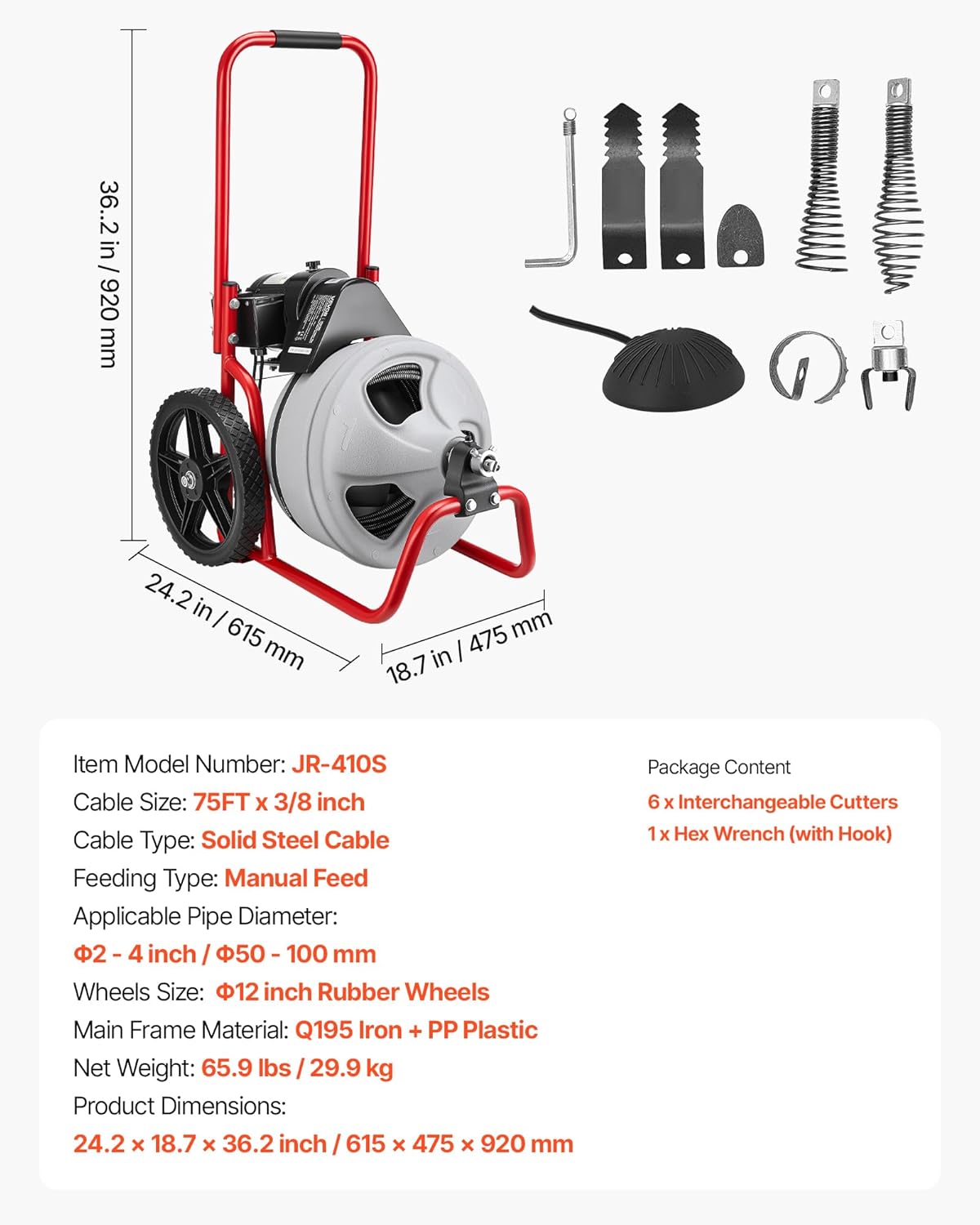 VEVOR Drain Cleaner Machine 75 FT x 3/8 Inch, Sewer Snake Auger Manual Feed on Wheels, Portable Drain Cleaning Machine with 6 Cutters & Air-activated Foot Switch for 2